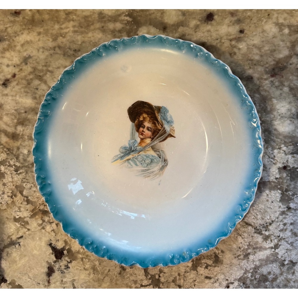 Antique Victorian Gibson Girl Portrait Bowl Turquoise Blue Scalloped Rim